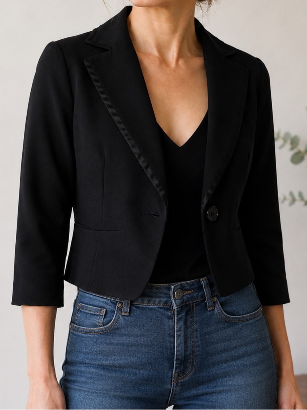 Season Wind Black Cropped Blazer 3/4 Sleeve Single Button Size S/M NWOT